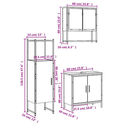 dimensioned diagram of rustic bathroom furniture showing multiple pieces with measurements