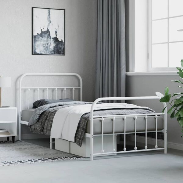 vidaXL Bed Frame White Powder-Coated Steel Twin Bed Frame Rectangular