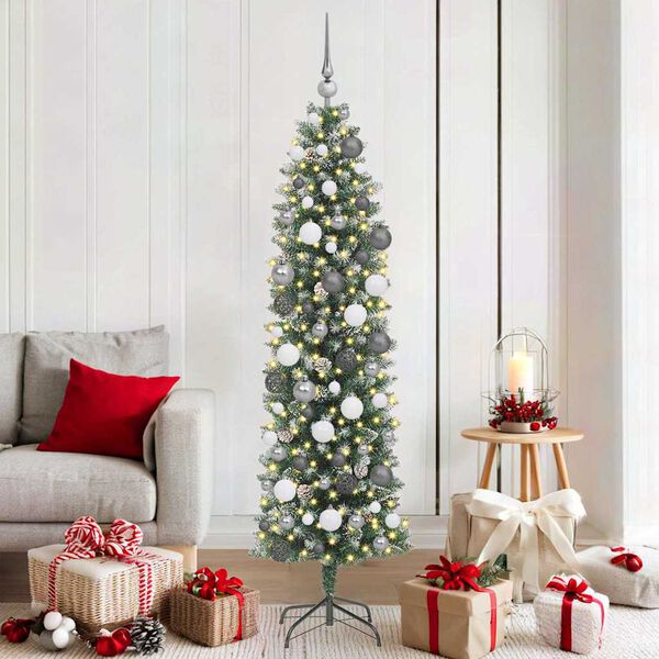 vidaXL Artificial Slim Christmas Tree Green and White 70.87 in