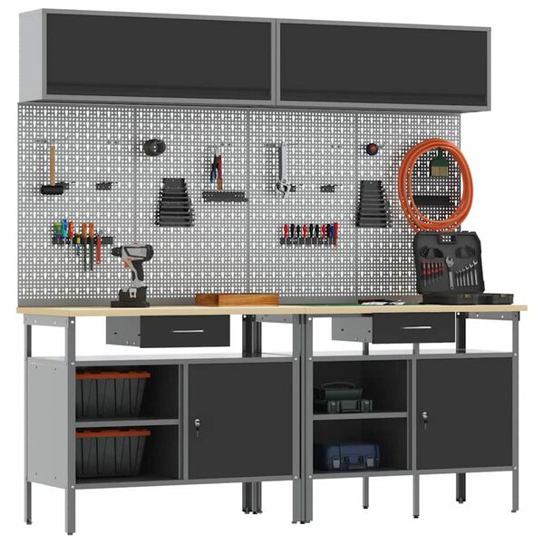 vidaXL Work Bench Set with Drawer 8 pcs Black 200 x 55 x 200 cm Steel