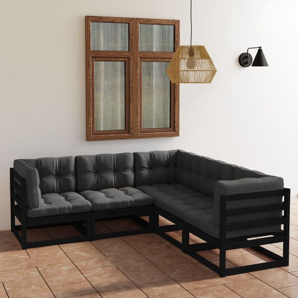 vidaXL Garden Lounge Set Black Solid pinewood, 100% polyester fabric