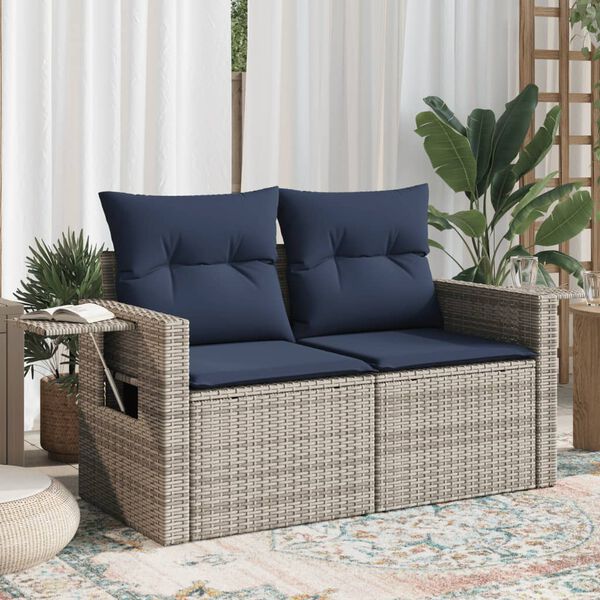 vidaXL Patio Sofa with Cushions 2-Seater Gray Poly Rattan