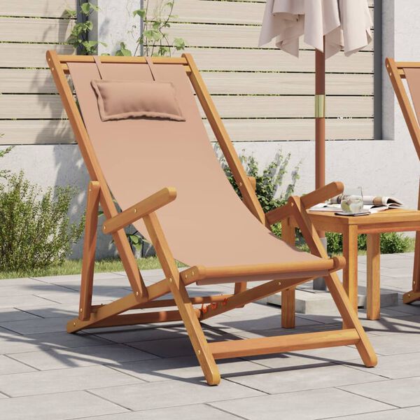 vidaXL Folding Beach Chair Taupe Solid Wood Eucalyptus and Fabric