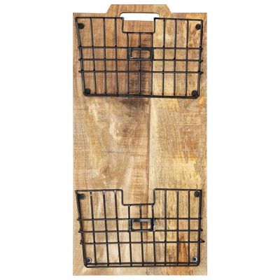 Two black wire baskets mounted on a wooden backing, arranged one above the other for wall storage.
