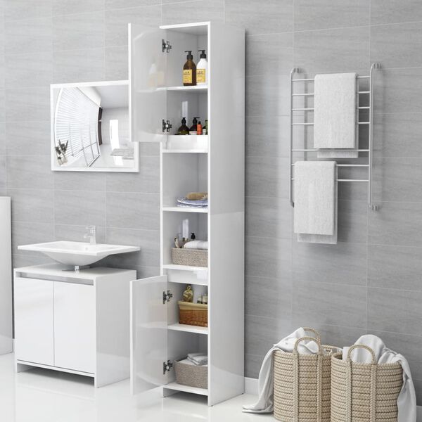 vidaXL Bathroom Cabinet High Gloss White Engineered Wood Tall