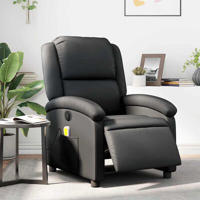Black fabric recliner chair with padded armrests, side pocket, and footrest extended