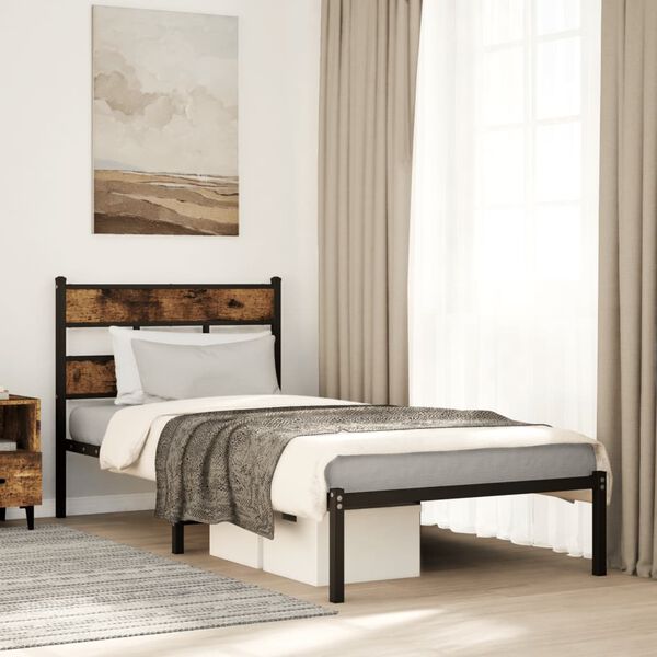 vidaXL Bed Frame Black, Smoked Oak Iron, Engineered Wood Twin Bed Frame