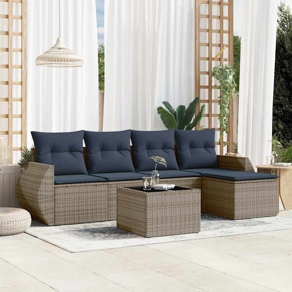 vidaXL 6 Piece Garden Sofa Set with Cushions Grey Poly Rattan