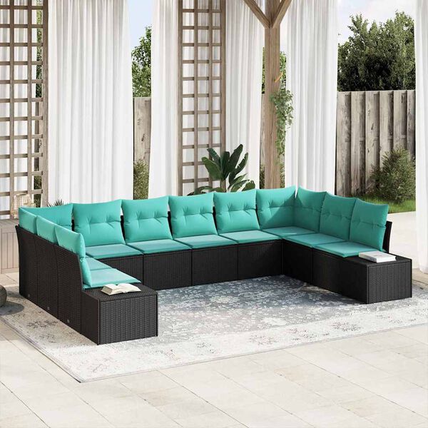 vidaXL Garden Sofa Set 10 pcs Black and Turquoise Poly Rattan