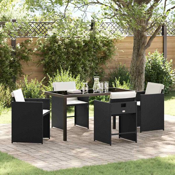 vidaXL Garden Dining Set with Cushion 5 pcs Black Poly Rattan
