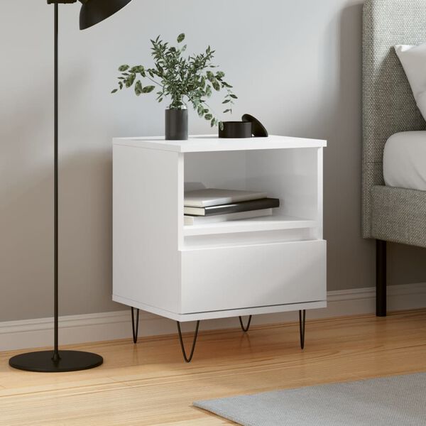 vidaXL Bedside Cabinet High gloss white Engineered wood, metal Small