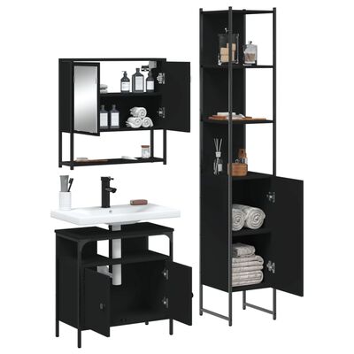 Full bathroom furniture set including wall cabinet with mirror, sink vanity, tall cabinet with shelves, and open lower cabinet doors.