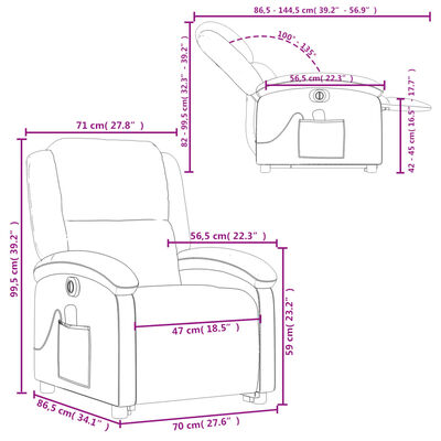 Dimension diagram of recliner showing measurements and layout.
