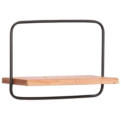 Single wall shelf with rectangular wooden shelf and rounded rectangular black metal frame mounted around it.