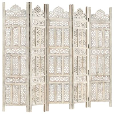 vidaXL Hand carved 5-Panel Room Divider White 78.7"x65" Solid Mango Wood