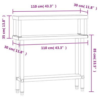 vidaXL Kitchen Work Table with Overshelf 43.3"x11.8"x47.2" Stainless Steel