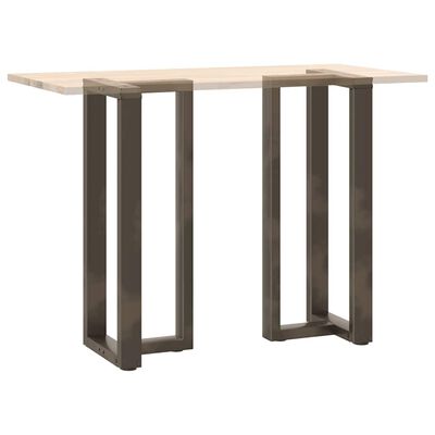 Table with two brown metal pedestal legs supporting a wooden tabletop.