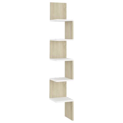 vidaXL Wall Corner Shelf White and Sonoma Oak 7.9"x7.9"x50.2" Engineered Wood