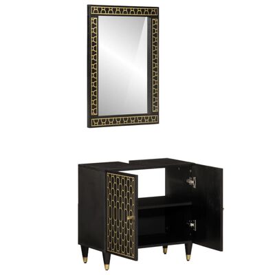A wall mirror with black frame and gold geometric pattern, plus a matching cabinet with two doors open showing internal shelves.