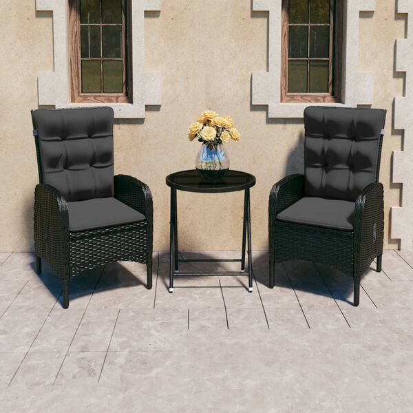 vidaXL Bistro Set Black Poly rattan, steel, glass, fabric Medium
