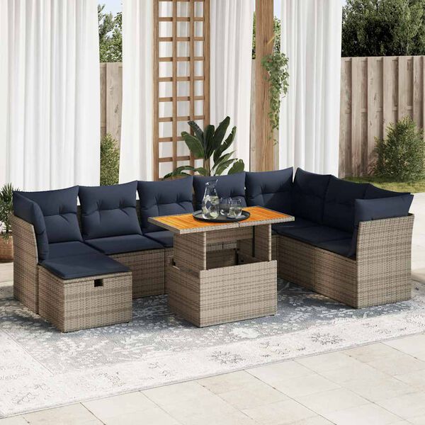 vidaXL 9 Piece Patio Sofa Set with Cushions Brown Poly Rattan Acacia