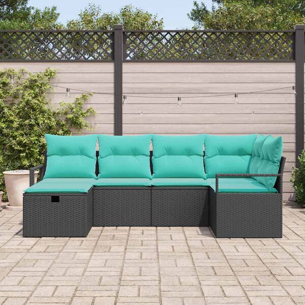 vidaXL Sofa Set with Cushion 6 pcs Black and Turquoise Poly Rattan