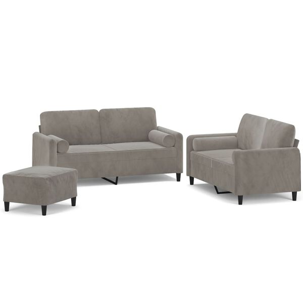 vidaXL 3 Piece Sofa Set with Throw Pillows&Cushions Light Gray Velvet