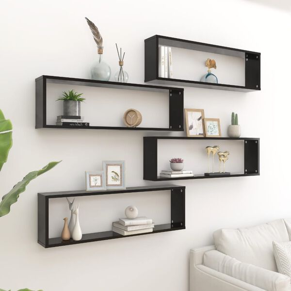 vidaXL Wall Shelf Set of 4 Black Engineered wood 39.4x5.9x11.8 in