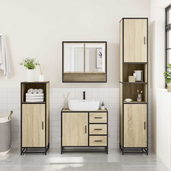 vidaXL Bathroom Furniture Set Sonoma Oak Engineered Wood, Metal, Glass