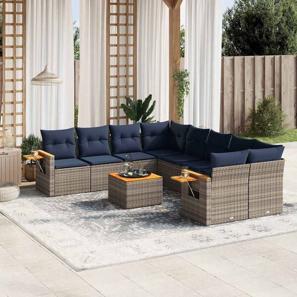 vidaXL 9 Piece Patio Sofa Set with Cushions Grey Poly Rattan (US only)