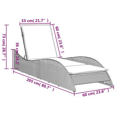 Dimension diagram of the lounge: length 205 cm, width 60 cm, height 73 cm with backrest 60 cm and seat height 36 cm.