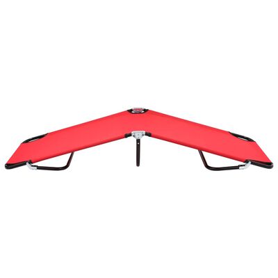 Red V-shaped foldable cot frame with joints and legs.