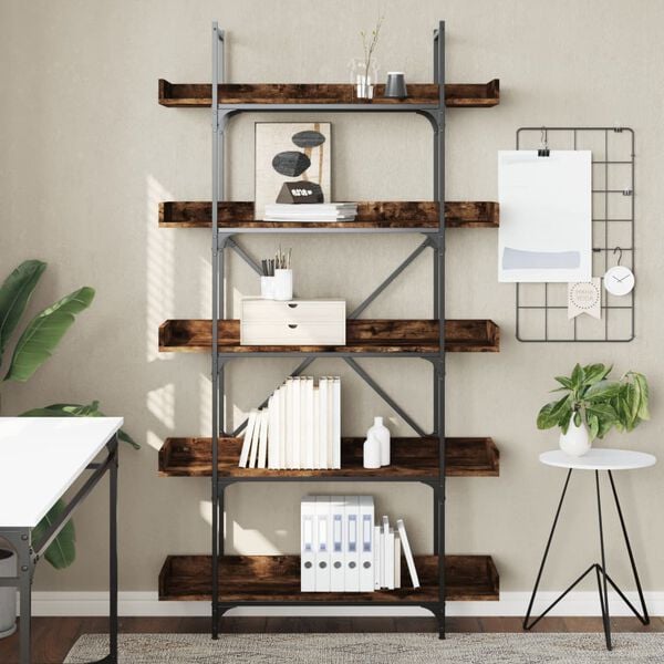 vidaXL Bookcase Smoked oak Engineered wood, metal Tall Adjustable Feet