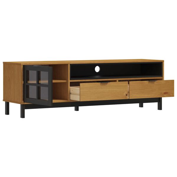 vidaXL TV Cabinet Oak Solid Pine Wood, Tempered Glass, Plastic