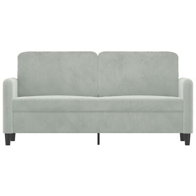 Light gray/blue sofa with two back cushions, exposed armrests on both sides, four black legs.