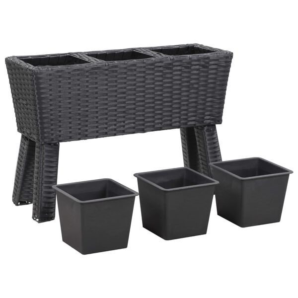 vidaXL Garden Raised Bed with Legs and 3 Pots 28.3"x9.8"x19.7" Poly Rattan Black