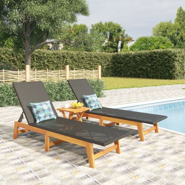 vidaXL Sun Lounger Black and Brown PE rattan, solid acacia wood, steel