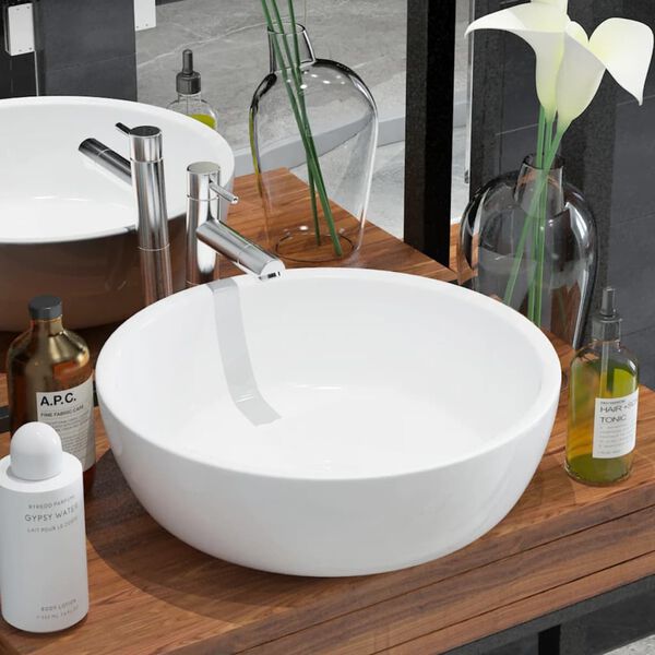vidaXL Basin Round Ceramic White 16.5"x4.7"