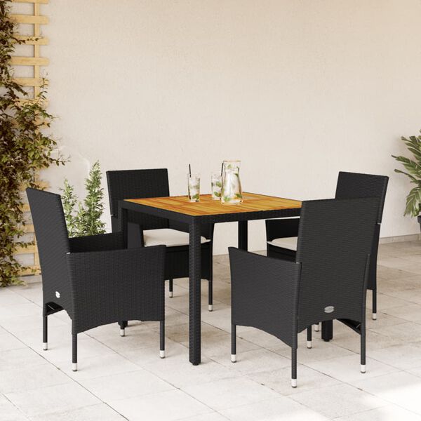 vidaXL 5 Piece Patio Dining Set with Cushions Black Poly Rattan and Acacia