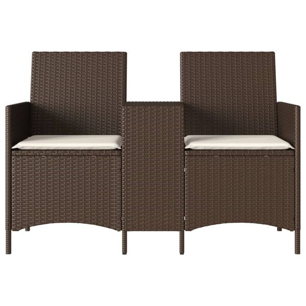vidaXL Patio Sofa 2-Seater with Table and Cushions Brown Poly Rattan