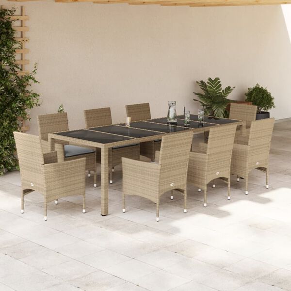 vidaXL 9 Piece Patio Dining Set with Cushions Beige Poly Rattan and Glass