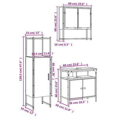 Dimensioned diagrams of a modular bathroom vanity set with measurements in centimeters