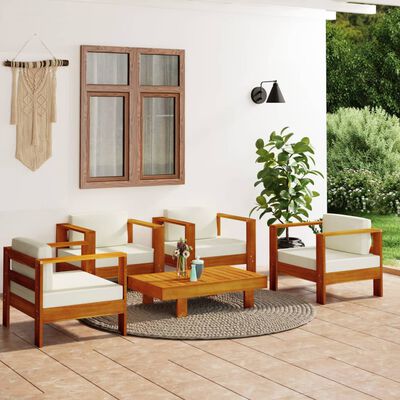 vidaXL 5 Piece Patio Lounge Set with Cream White Cushions Solid Wood