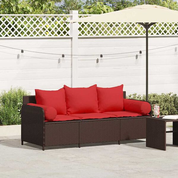 vidaXL Patio Sofa with Cushions 3-Seater Brown Poly Rattan