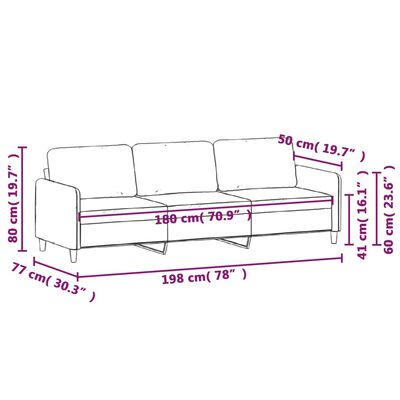 Sketch with dimensions of a blue-gray three-seat sofa showing lengths and heights.