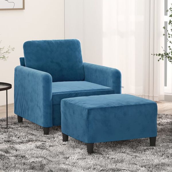 vidaXL Sofa Chair with Footstool Blue 23.6" Velvet