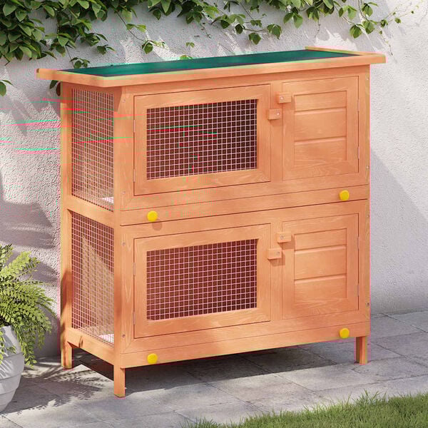 vidaXL Rabbit Hutch Brown, Green Pine wood, Plywood, Powder-coated iron