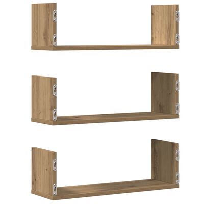 Three separate wooden shelf frames with metal mounting brackets on the ends, shown in three rows.