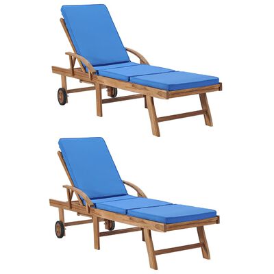 vidaXL Sun Loungers with Cushions 2 pcs Solid Teak Wood Blue