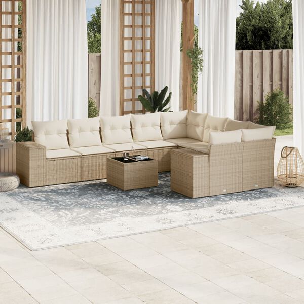 vidaXL Garden Sofa Set Beige PE Rattan, Powder-Coated Steel, Tempered Glass